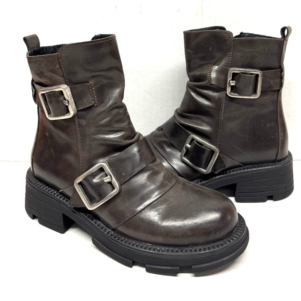 Miz Mooz Leather Boots Buckle Side Zipper Brown 37eu / 7us New # Z-225